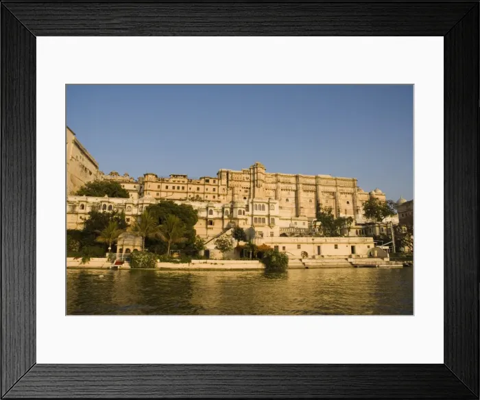 Framed Print : View of the City Palace and hotels from Lake Pichola Framed Print : View of the City Palace and hotels from Lake Pichola