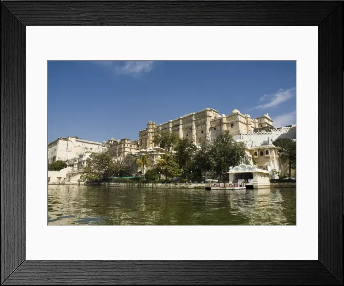 Framed Print : View of the City Palace and hotels from Lake Pichola Framed Print : View of the City Palace and hotels from Lake Pichola
