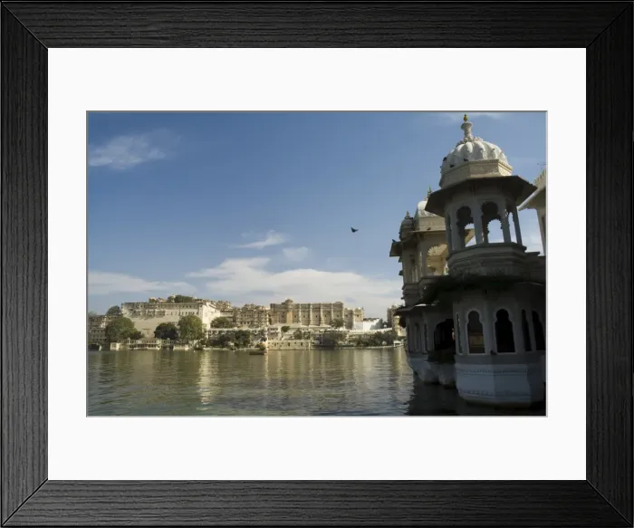 Framed Print : View of the City Palace and hotels from Lake Pichola Framed Print : View of the City Palace and hotels from Lake Pichola