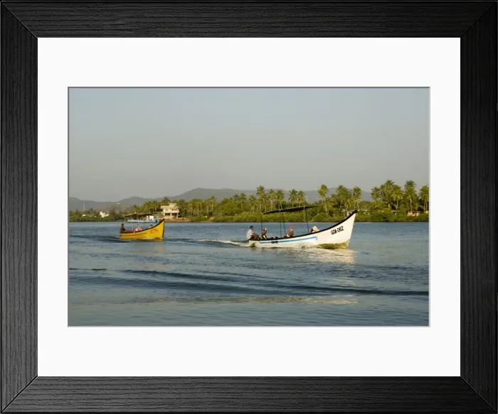 Framed Print : Tourist boats on backwater near Mobor Framed Print : Tourist boats on backwater near Mobor