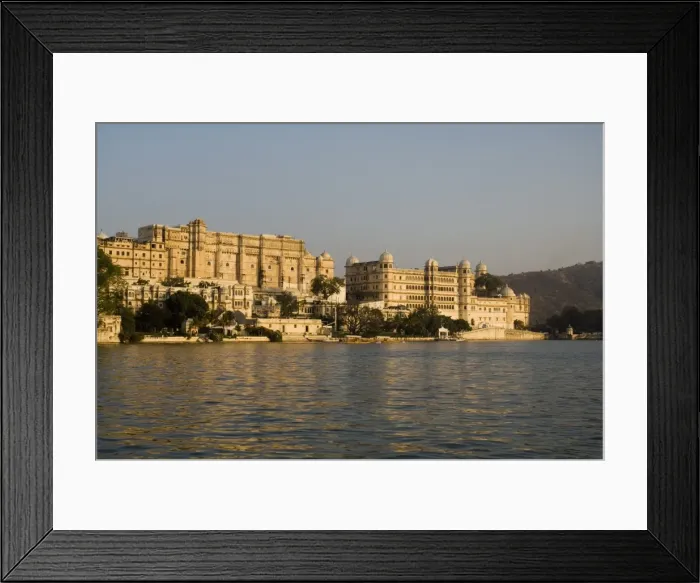 Framed Print : View of the City Palace and hotels from Lake Pichola Framed Print : View of the City Palace and hotels from Lake Pichola