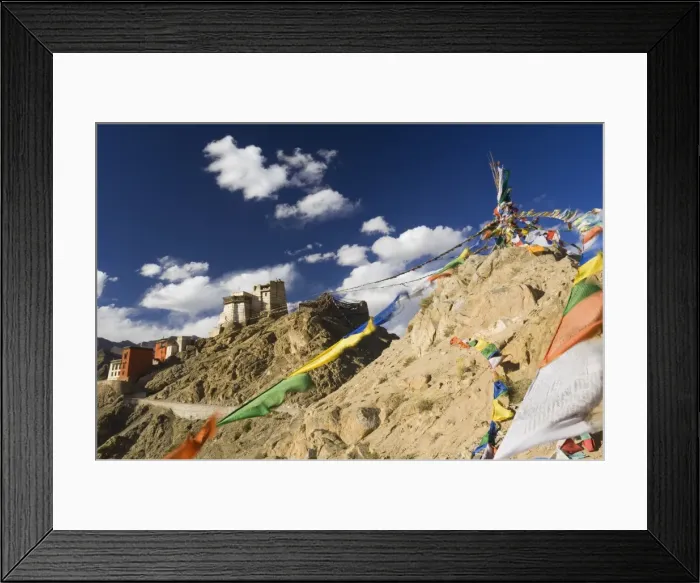 Framed Print : Prayer flags on the Peak of Victory and Namgyal Tsemo gompa Framed Print : Prayer flags on the Peak of Victory and Namgyal Tsemo gompa