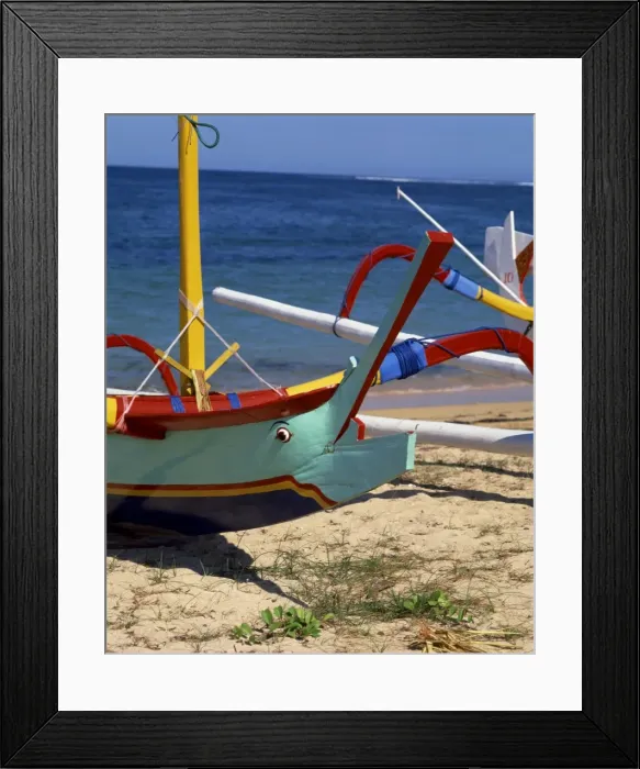 Framed Print : Close-up of the prow of an outrigger fishing boat on Sanur beach Framed Print : Close-up of the prow of an outrigger fishing boat on Sanur beach