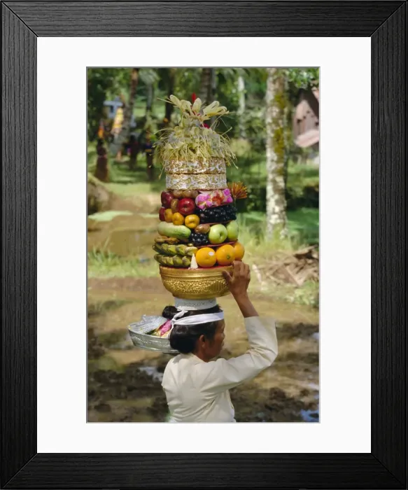 Framed Print : Woman carrying food offerings on her head Framed Print : Woman carrying food offerings on her head
