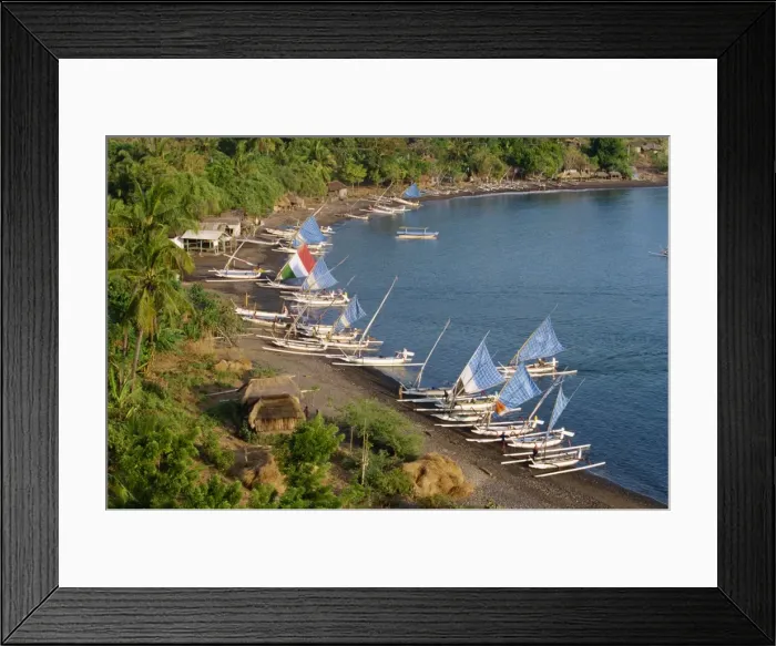 Framed Print : Outrigger fishing boats line the beach at a hamlet Framed Print : Outrigger fishing boats line the beach at a hamlet