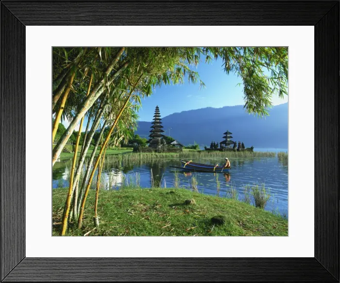 Framed Print : Outrigger canoe on Lake Bratan near Candikuning Temple on Bali Framed Print : Outrigger canoe on Lake Bratan near Candikuning Temple on Bali