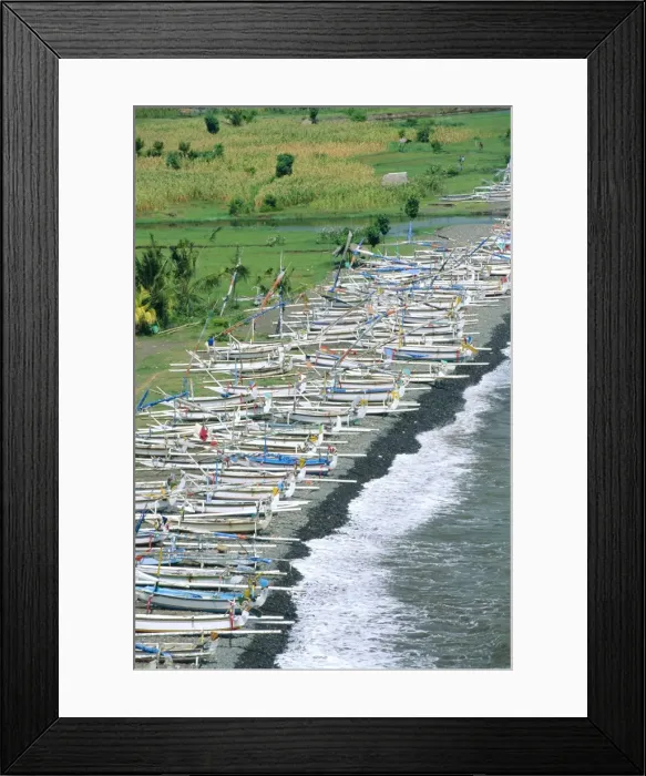 Framed Print : Colourful prahu (fishing boats) lining the beach Framed Print : Colourful prahu (fishing boats) lining the beach