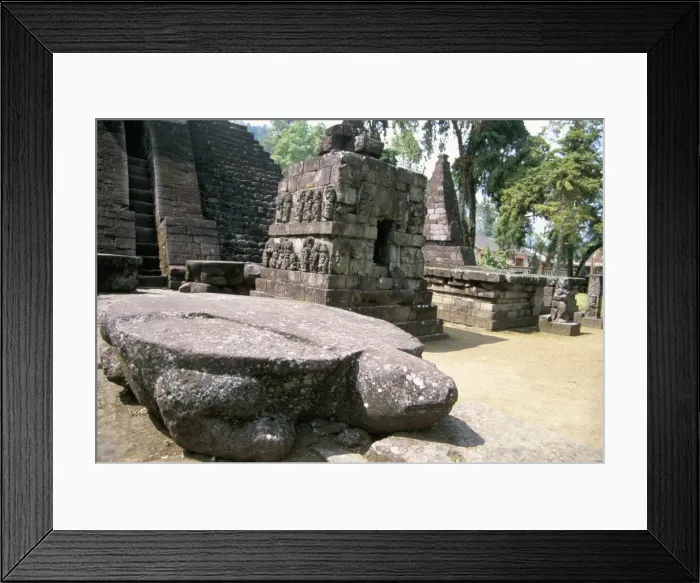 Framed Print : Flat backed turtle dias in front of main temple of Candi Sukuh Framed Print : Flat backed turtle dias in front of main temple of Candi Sukuh