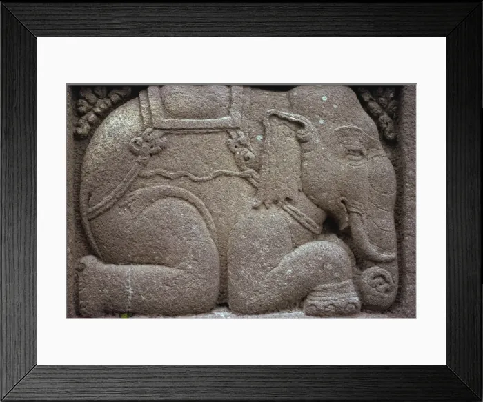 Framed Print : Relief carving of a kneeling elephant on the Hindu Framed Print : Relief carving of a kneeling elephant on the Hindu