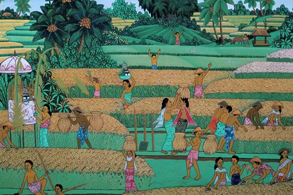 Painting of people harvesting in rice fields