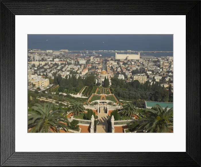 Framed Print : Elevated view of city including Bahai shrine and gardens Framed Print : Elevated view of city including Bahai shrine and gardens