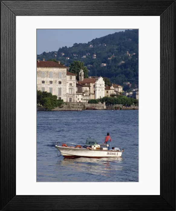 Framed Print : Small boat on Lake Maggiore with Isola Bella beyond