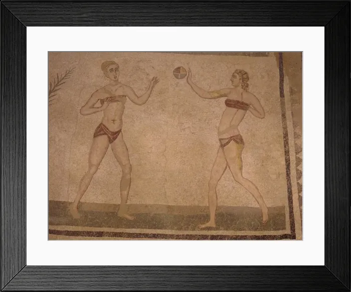 Framed Print : Mosaic Girls in bikinis (doing gymnastics) 4th century AD Framed Print : Mosaic Girls in bikinis (doing gymnastics) 4th century AD
