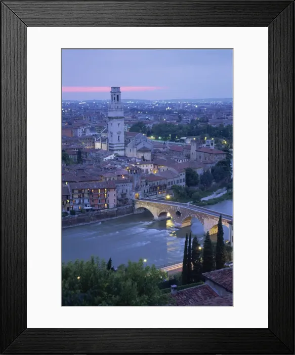 Framed Print : The Ponte Pietra and Anastasia Cathedral at dusk from