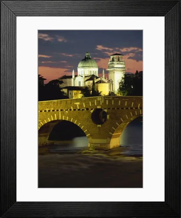 Framed Print : The Ponte Pietra Bridge and Adige River at dusk in the town of Verona Framed Print : The Ponte Pietra Bridge and Adige River at dusk in the town of Verona