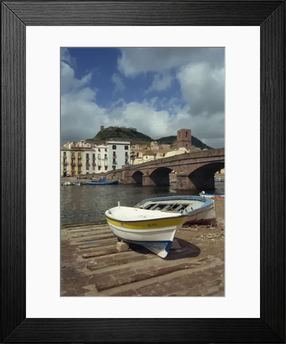 Framed Print : Boats beside a bridge over the Temo River at Bosa on Framed Print : Boats beside a bridge over the Temo River at Bosa on