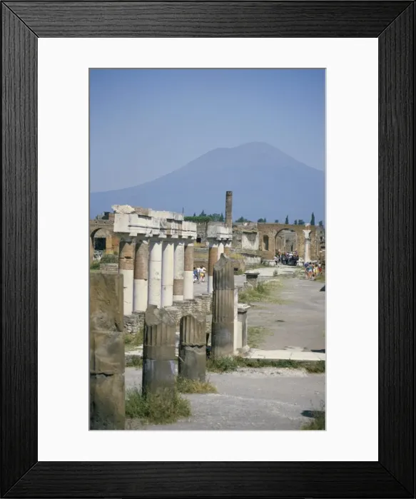 Framed Print : Vesuvius volcano from ruins of Forum buildings in Roman town Framed Print : Vesuvius volcano from ruins of Forum buildings in Roman town