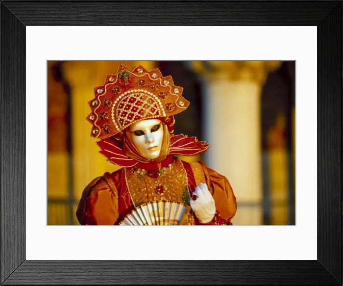Framed Print : Portrait of a person dressed in mask and costume taking Framed Print : Portrait of a person dressed in mask and costume taking