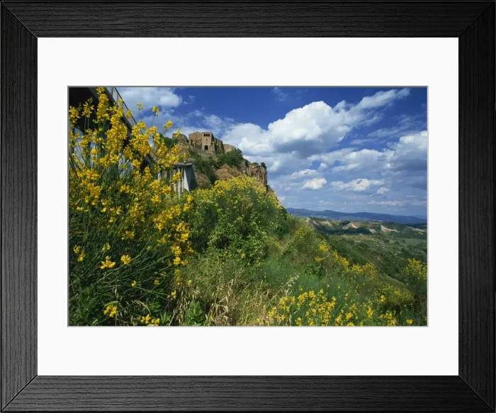 Framed Print : Spring flowers beneath the clifftop village Framed Print : Spring flowers beneath the clifftop village