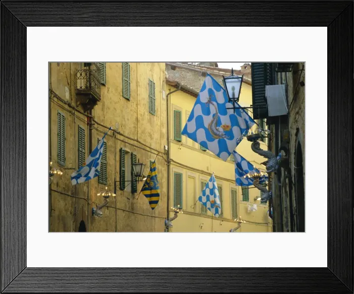 Framed Print : Flags of the Onda (Wave) contrada in the Via Giovanni Dupre Framed Print : Flags of the Onda (Wave) contrada in the Via Giovanni Dupre