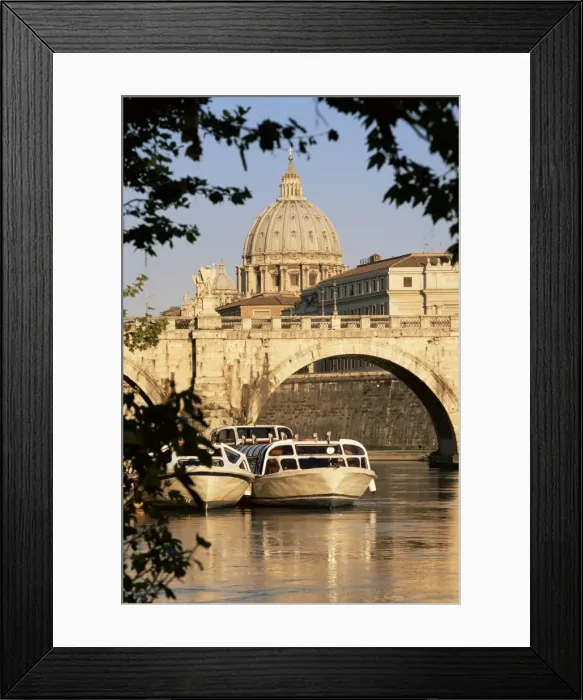 Framed Print : Pleasure boats on the River Tiber near the Ponte Sant Angelo, with St Framed Print : Pleasure boats on the River Tiber near the Ponte Sant Angelo, with St
