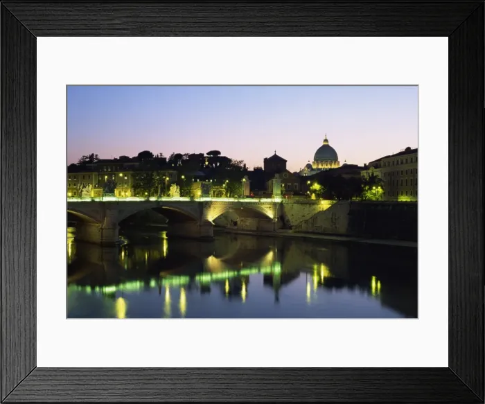 Framed Print : River Tiber and Ponte Vittorio Emanuele II at dusk, with St Framed Print : River Tiber and Ponte Vittorio Emanuele II at dusk, with St