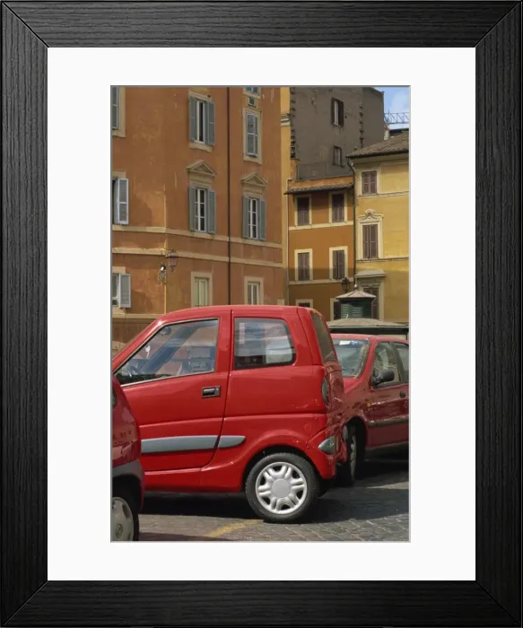 Framed Print : Small red car parked in square off Via Giulia Framed Print : Small red car parked in square off Via Giulia
