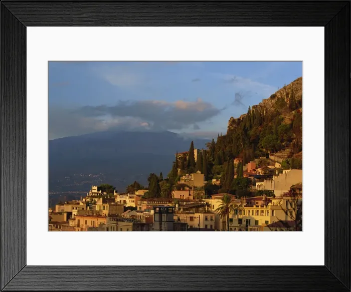 Framed Print : Aerial view over town of Taormina at dusk Framed Print : Aerial view over town of Taormina at dusk