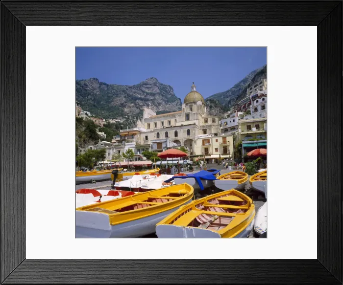 Framed Print : Moored boats and church Framed Print : Moored boats and church