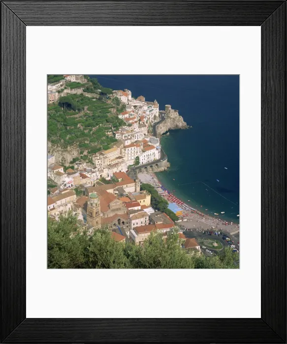 Framed Print : Low aerial view over the town and beach at Amalfi on the coast Framed Print : Low aerial view over the town and beach at Amalfi on the coast