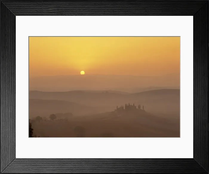 Framed Print : Landscape of fields and cypress trees at sunset in Framed Print : Landscape of fields and cypress trees at sunset in