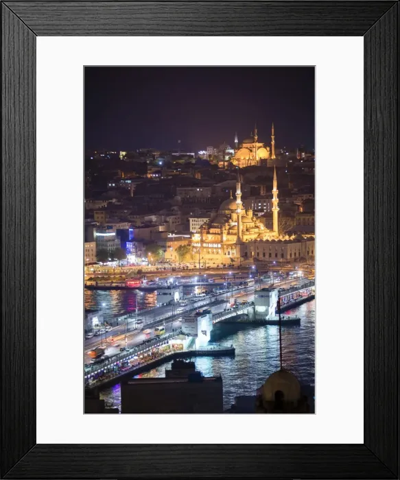 Framed Print : New Mosque (Yeni Cami) and Galata Bridge across Golden Horn at night seen from Galata Tower Framed Print : New Mosque (Yeni Cami) and Galata Bridge across Golden Horn at night seen from Galata Tower