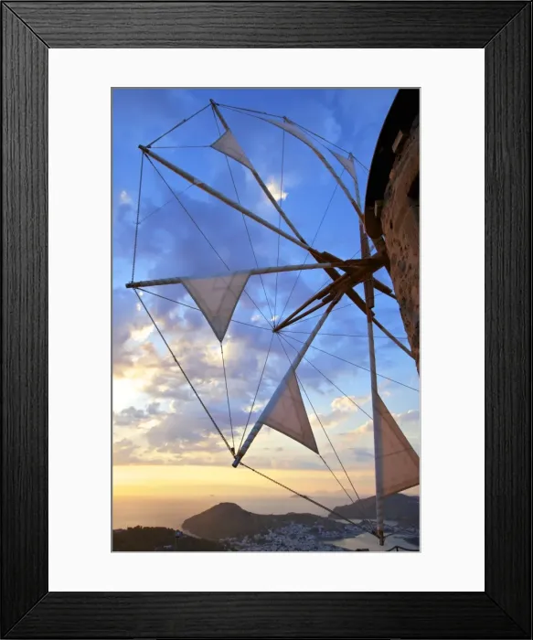 Framed Print : Windmills of Chora overlooking Skala at sunset, Patmos, Dodecanese, Greek Islands Framed Print : Windmills of Chora overlooking Skala at sunset, Patmos, Dodecanese, Greek Islands