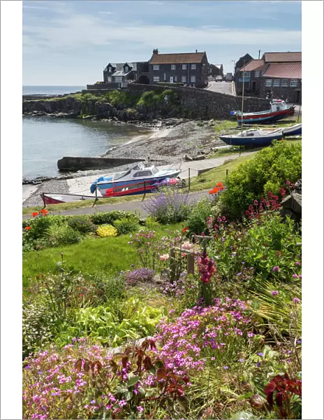 Harbour with boats and village centre, garden and flowers, blue sky on a sunny summer day