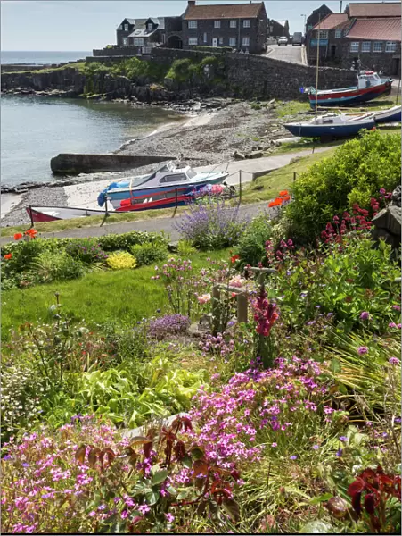 Harbour with boats and village centre, garden and flowers, blue sky on a sunny summer day