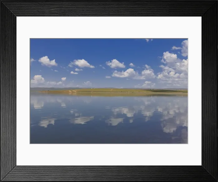 Framed Print : Fluffy clouds in a blue summer sky, reflected in a lake, distant reflected gers, Arkhangai Framed Print : Fluffy clouds in a blue summer sky, reflected in a lake, distant reflected gers, Arkhangai