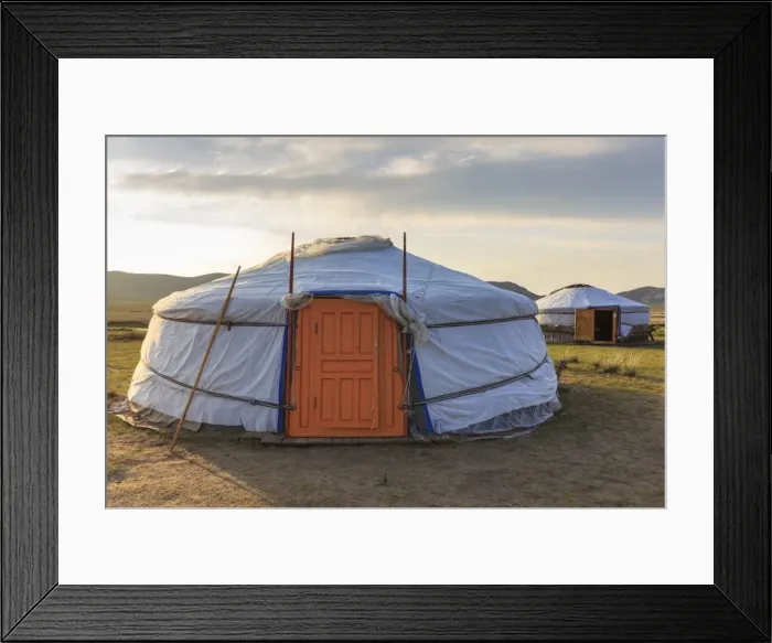 Framed Print : Gers on a summer evening, distant mountains, Khogno Khan Uul Nature Reserve, Gurvanbulag Framed Print : Gers on a summer evening, distant mountains, Khogno Khan Uul Nature Reserve, Gurvanbulag