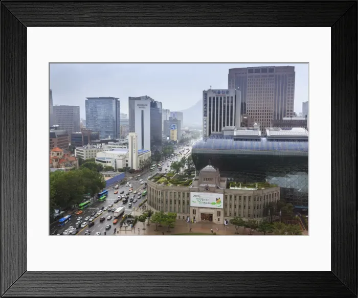 Framed Print : Elevated view over new City Hall, modern glass and steel building on Seoul Plaza Framed Print : Elevated view over new City Hall, modern glass and steel building on Seoul Plaza