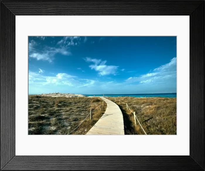 Framed Print : Boardwalk leading towards the horizon and Infinity Beach on Formentera, Balearic Islands Framed Print : Boardwalk leading towards the horizon and Infinity Beach on Formentera, Balearic Islands