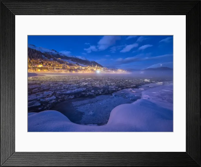 Framed Print : The frozen Inn river and the village of Sankt Moritz at dusk, Engadine, Canton of Grisons Framed Print : The frozen Inn river and the village of Sankt Moritz at dusk, Engadine, Canton of Grisons