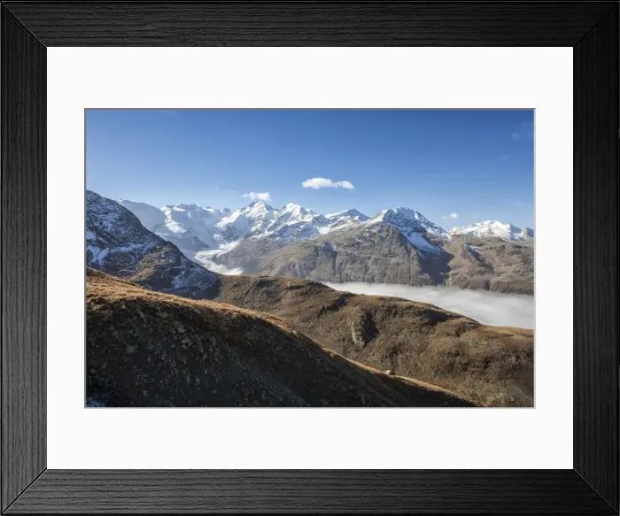 Framed Print : Low clouds toward Bernina Group, Languard Valley, Engadine, Canton of Grisons (Graubunden) Framed Print : Low clouds toward Bernina Group, Languard Valley, Engadine, Canton of Grisons (Graubunden)