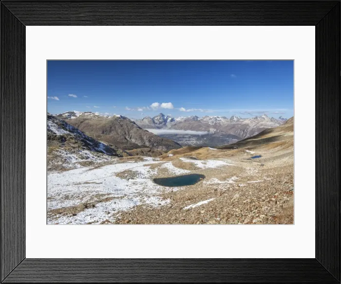 Framed Print : Pools of blue water in the landscape of Languard Valley, Engadine, Canton of Grisons (Graubunden) Framed Print : Pools of blue water in the landscape of Languard Valley, Engadine, Canton of Grisons (Graubunden)
