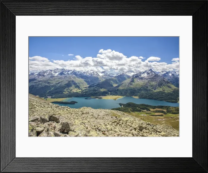Framed Print : Top view of Lake Sils with snowy peaks in background, Engadine, Canton of Grisons (Graubunden) Framed Print : Top view of Lake Sils with snowy peaks in background, Engadine, Canton of Grisons (Graubunden)
