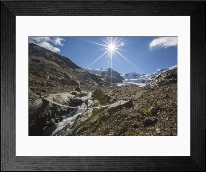 Framed Print : Tibetan bridge with Peaks of Cadini and Pejo in background, Cedec Valley, Valfurva Framed Print : Tibetan bridge with Peaks of Cadini and Pejo in background, Cedec Valley, Valfurva