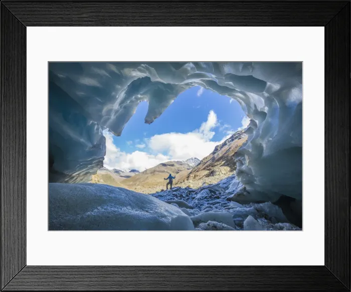 Framed Print : Hiker inside Forni Glacier, Forni Valley, Stelvio National Park, Valtellina, Lombardy Framed Print : Hiker inside Forni Glacier, Forni Valley, Stelvio National Park, Valtellina, Lombardy