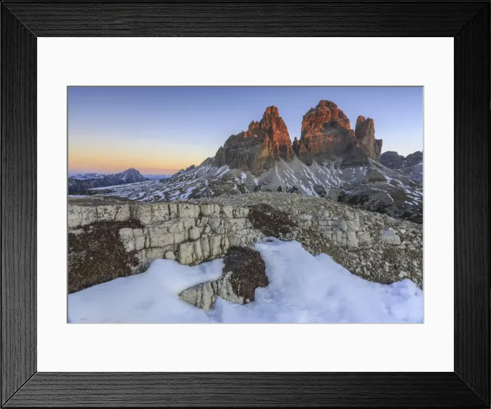 Framed Print : Pink sky at sunrise frames the Three Peaks of Lavaredo, Dolomites, Auronzo of Cadore Framed Print : Pink sky at sunrise frames the Three Peaks of Lavaredo, Dolomites, Auronzo of Cadore