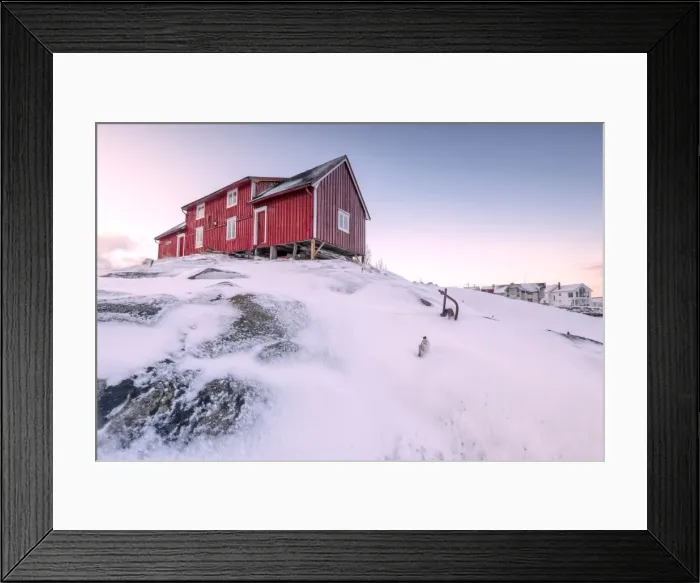 Framed Print : Pink sky on the typical red house of fishermen (rorbu), Henningsvaer, Lofoten Islands Framed Print : Pink sky on the typical red house of fishermen (rorbu), Henningsvaer, Lofoten Islands