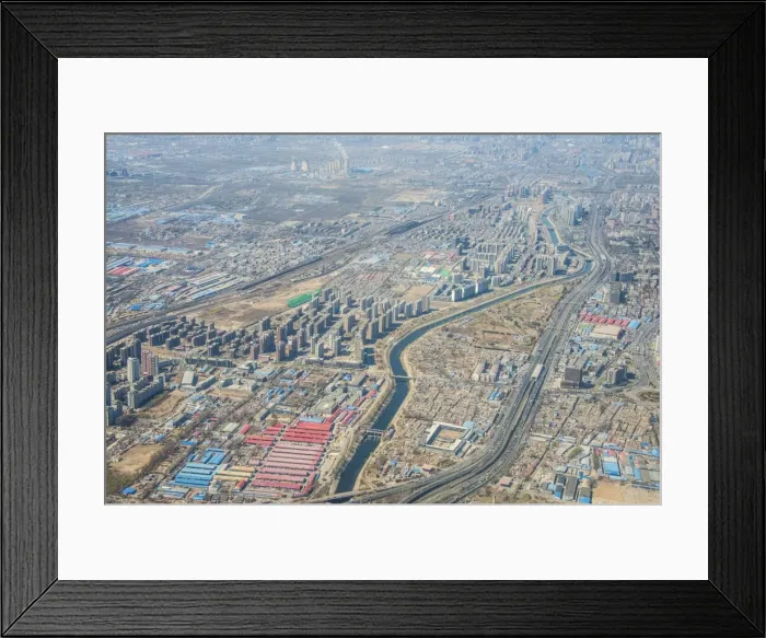 Framed Print : Aerial of the landscape and an industrial settlement around Bejing, China, Asia Framed Print : Aerial of the landscape and an industrial settlement around Bejing, China, Asia