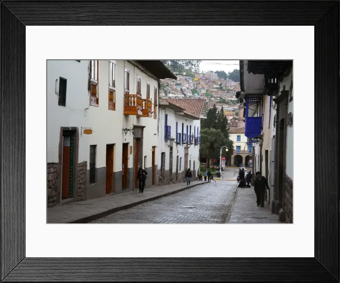 Framed Print : Side street in centre of Cusco City with outskirts of city on hill beyond, Cuzco