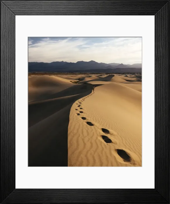 Framed Print : Man walking through Mesquite Sand Dunes at dawn, Death Valley National Park, California Framed Print : Man walking through Mesquite Sand Dunes at dawn, Death Valley National Park, California